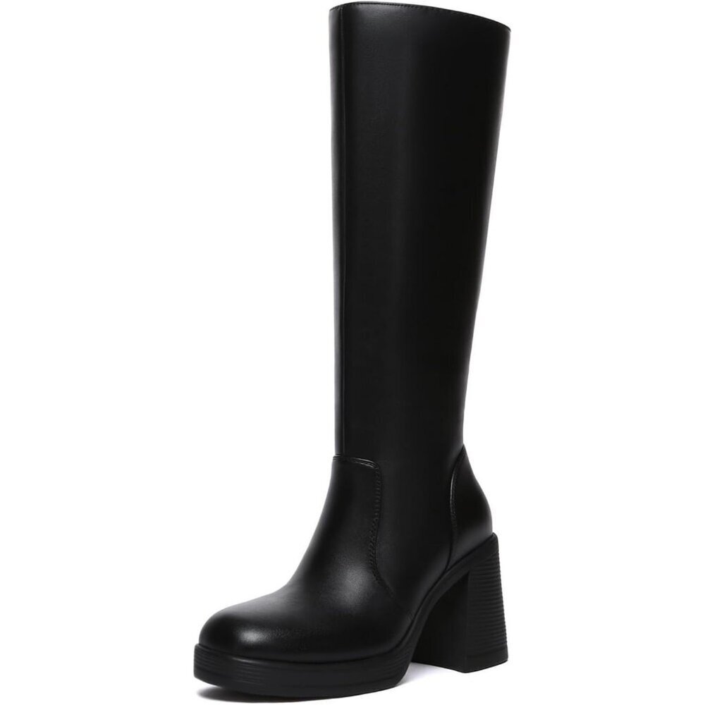 Women's Black Athlefit Knee High Platform Heeled Toe Chunky Side Zipper Boots